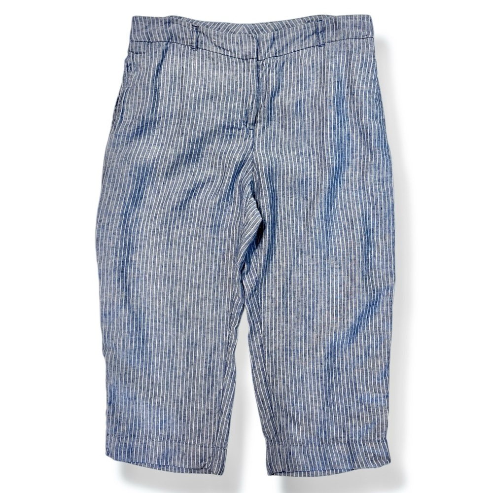 CHICO’S Blue & White Striped Linen Cropped Flat Front Pants